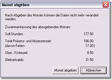 Stundenerfassung - Zusammenfassung des abzugebenden Monats